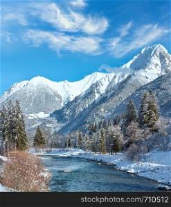 Winter country landscape with mountains and river, Austria, Tirol, Haselgehr village