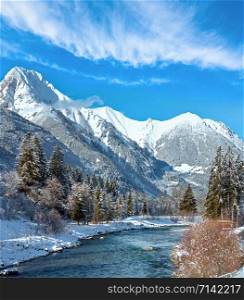 Winter country landscape with mountains and river, Austria, Tirol, Haselgehr village