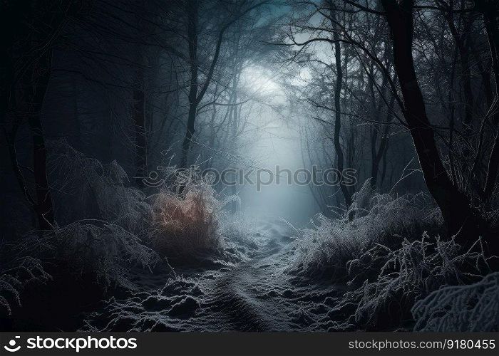 Winter dark forest. Nature fog. Generate Ai. Winter dark forest. Generate Ai