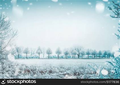 Winter day country landscape with frozen tress and snow, outdoor nature background