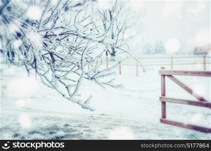 Winter day country landscape with frozen tress , snow and wooden fence, outdoor nature background
