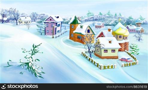 Winter day in a village or in a small town. Digital Painting Background, Illustration.. Winter day in a village illustration