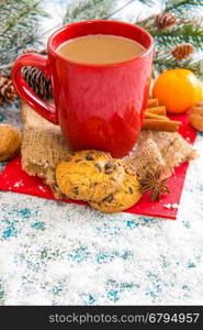 Winter decoration. Composition on wood background.