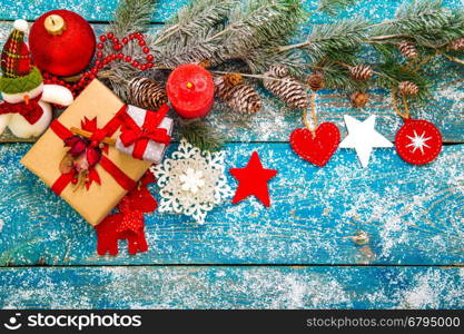 Winter decoration. Composition on wood background.