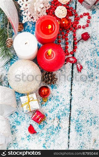 Winter decoration. Composition on wood background.