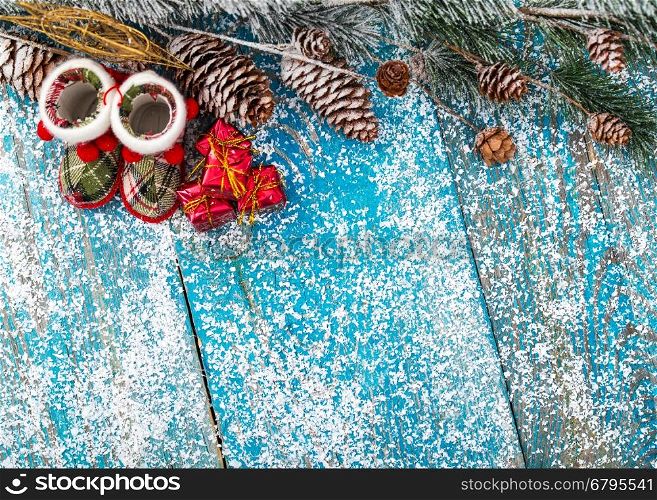 Winter decoration. Composition on wood background.