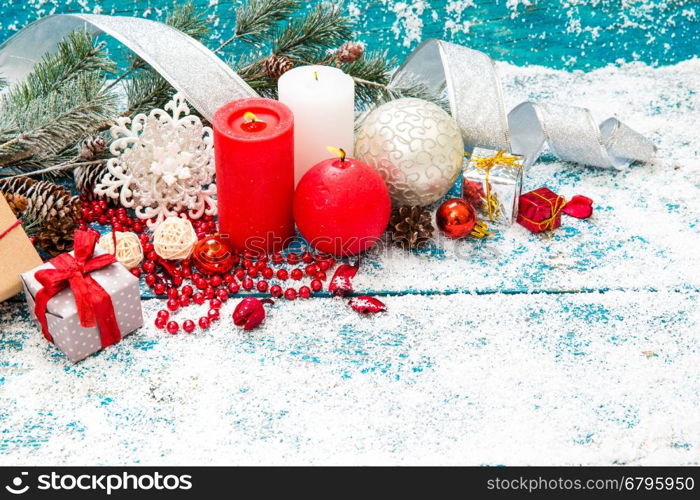 Winter decoration. Composition on wood background.