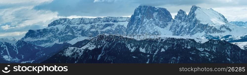 Winter Dolomite mountain panorama. View from Rittner Horn (Italy).