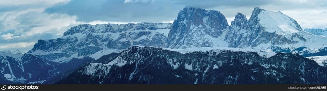 Winter Dolomite mountain panorama. View from Rittner Horn (Italy).