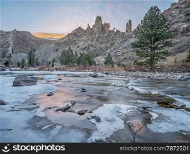 winter dusk over canyon of Cache la Poudre River above Little Narrows west of Fort Collins in northern Colorado
