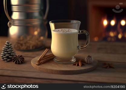 Winter eggnog in glass mug with milk and cinnamon. Illustration Generative AI 