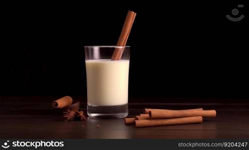 Winter eggnog in glass mug with milk and cinnamon. Illustration Generative AI 