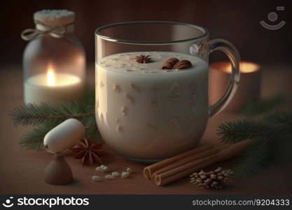 Winter eggnog in glass mug with milk and cinnamon. Illustration Generative AI
