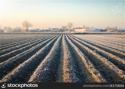 Winter farm field ready for new planting season. Agriculture and agribusiness. Choosing right time for sow fields plant seeds, protection from spring frosts. Preparatory agricultural work for spring.