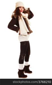 Winter fashion. Full length of curly girl. Young woman in warm clothing isolated. Studio shot.