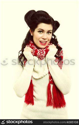 winter fashion portrait brunette woman retro hairstyle in warm clothing vintage photo studio shot