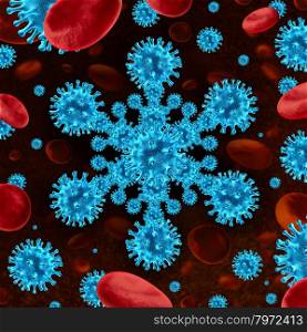 Winter flu virus as a medical concept with influenza cells in the shape of a snowflake on a background of red blood cells in a human body as a symbol of seasonal outbreak of illness causing fever and illness during the cold months.