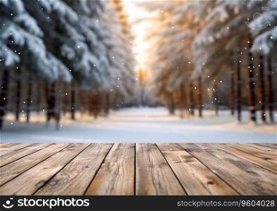 Winter forest and empty wooden table.AI Generative