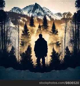 winter forest in the silhouette of a man against the background. Illustration AI Generative 