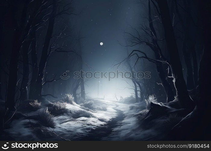 Winter forest moon. Mist fog tree. Generate Ai. Winter forest moon. Generate Ai