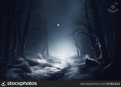Winter forest moon. Mist fog tree. Generate Ai. Winter forest moon. Generate Ai