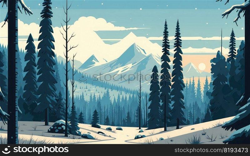 winter forest nature landscape frozen pond. mountain background, scenery beautiful, view travel, snow tree, scene cold winter forest nature landscape frozen pond ai generated illustration. winter forest nature landscape frozen pond ai generated