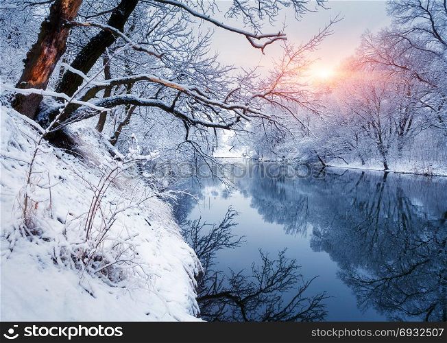 Winter forest on the river at sunset. Colorful landscape with snowy trees, river with reflection in water in cold evening. Snow covered trees, lake, sun and blue sky. Beautiful forest in snowy winter. Winter forest on the river at sunset. Colorful landscape with snowy trees