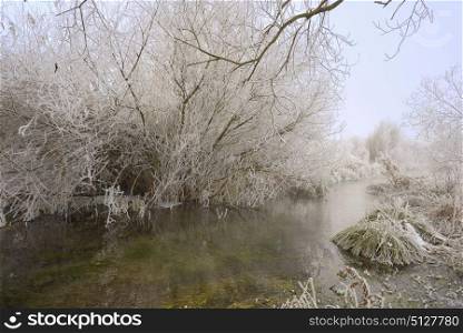 Winter frozen on morning river