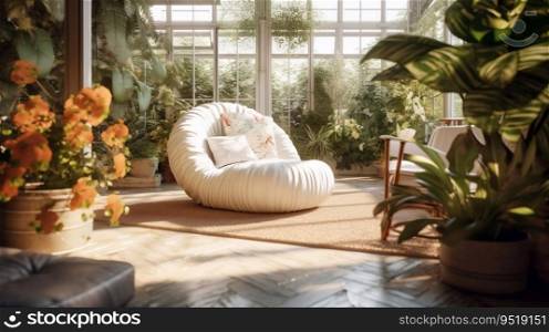 Winter garden interior with swimming pool and deck chair. Winter garden interior with swimming pool and deck chair.AI generated