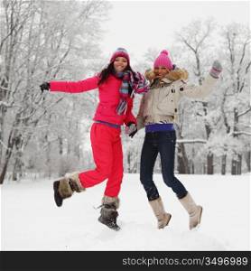 winter girl jump on snow background