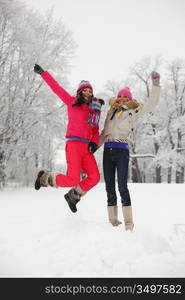 winter girl jump on snow background