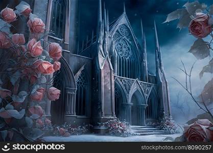 Winter gothic castle with roses. Neural network AI generated art. Winter gothic castle with roses. Neural network AI generated
