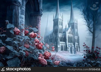 Winter gothic castle with roses. Neural network AI generated art. Winter gothic castle with roses. Neural network AI generated