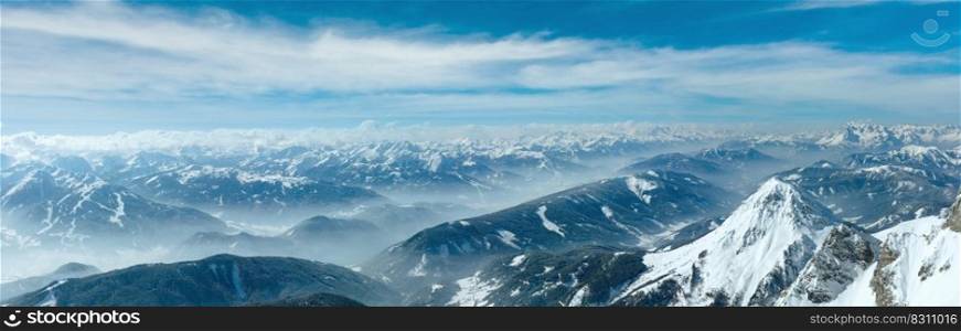 Winter hazy view  from Dachstein mountain massif top to Schladming and Filzmoos region  Austria .