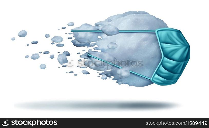 Winter health care as a snow ball wearing a face mask concept as a cold snowball symbol for healthcare and disease prevention as medical equipment preventing a sickness with 3D illustration elements.