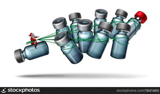 Winter Holiday vaccination and Christmas vaccine distribution as Santa Claus with bottles of vaccines representing a sled and reindeer symbols with 3D illustration elements.