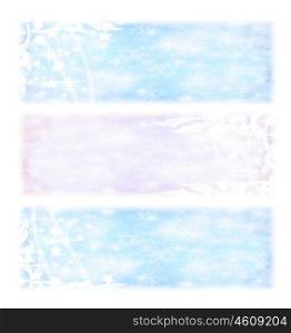 Winter holidays banners, cold blue and pink Christmas backgrounds, wintertime collage, set of decorative ornamental abstract cards with snow and stars