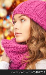 winter, holidays, christmas concept - beautiful woman in winter hat