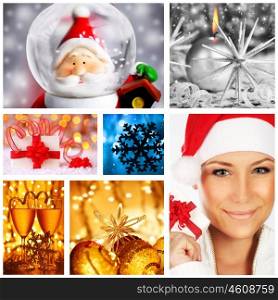 Winter holidays concept collage with collection of colorful decorations &amp; ornaments