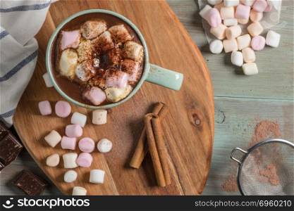 Winter hot drink. Hot chocolate or cocoa with marshmallow and sp. Winter hot drink. Hot chocolate or cocoa with marshmallow and spices on wooden background.