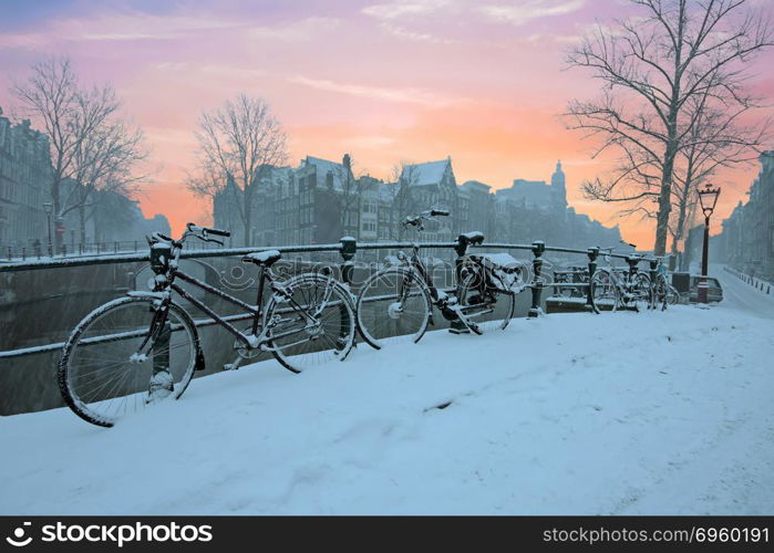 Winter in Amsterdam Netherlands at sunset