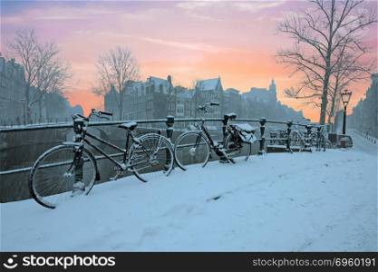 Winter in Amsterdam Netherlands at sunset
