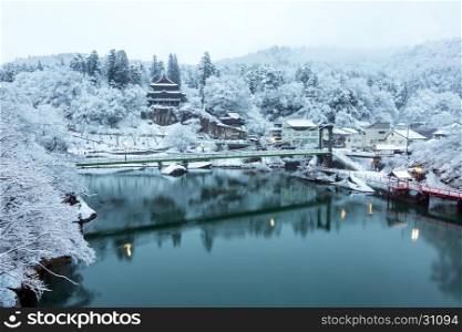 Winter Landcape with lake and village in Japan