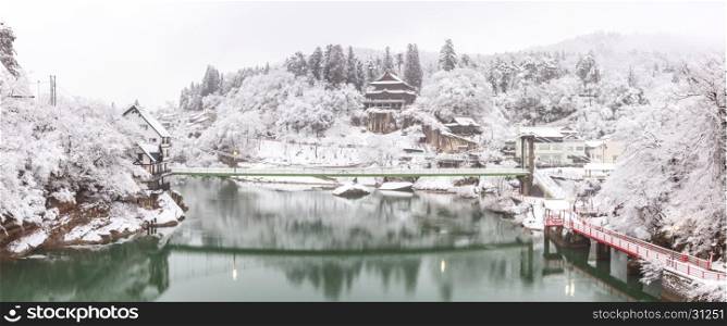 Winter Landcape with lake and village in Japan panorama