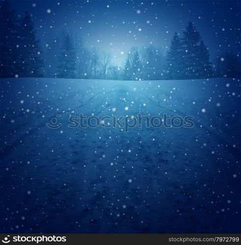 Winter landscape concept as a snowing blue background with a pedestrian road in perspective with foot prints leading to a forest of trees as a festive seasonal symbol of a tranquil and traditional holiday scene.