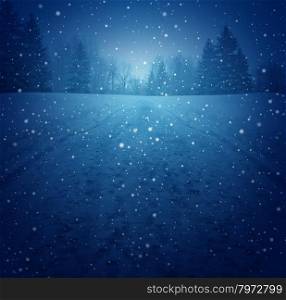 Winter landscape concept as a snowing blue background with a pedestrian road in perspective with foot prints leading to a forest of trees as a festive seasonal symbol of a tranquil and traditional holiday scene.