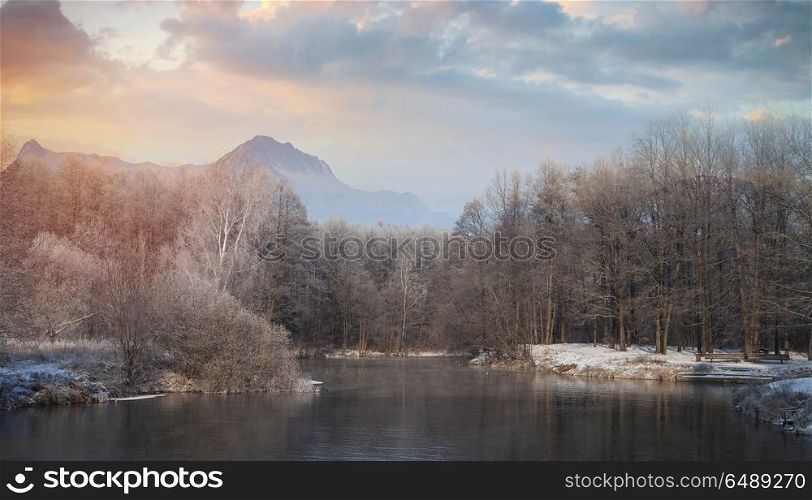 winter landscape. Forest in the background of mountains. Forest in the background of mountains