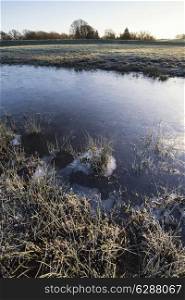 Winter landscape ice covered stream in field