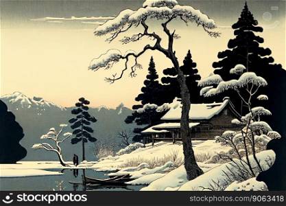 Winter landscape in japanese woodblock style.. Winter landscape in japanese woodblock style. Generative AI.