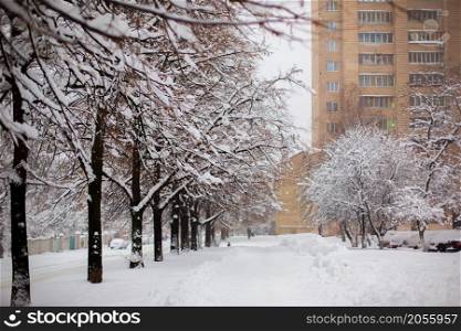 Winter landscape in the snowy city. City after a snowstorm, snow background.. Winter landscape in the snowy city. City after a snowstorm.